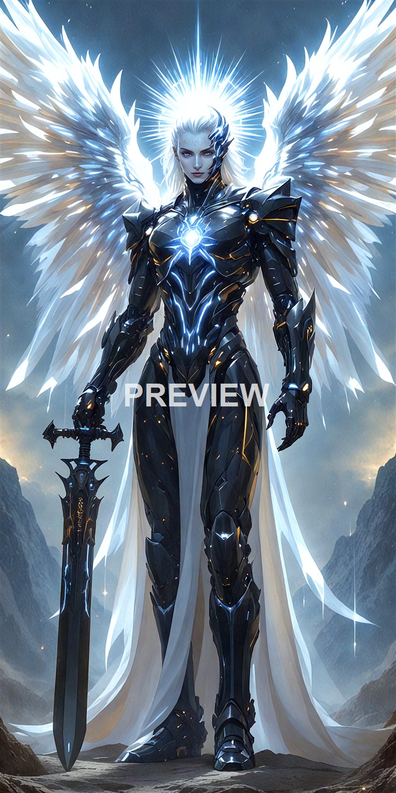 A towering, armored female warrior with glowing blue accents, large white wings, and a luminous halo, holding a dark sword, standing in a mountainous landscape.